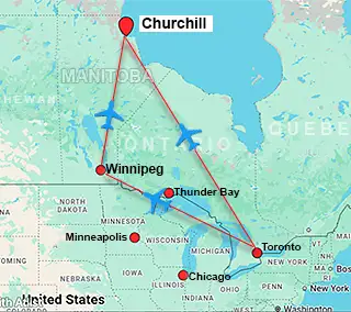Map showing charter flight routes from Toronto to Churchill Manitoba